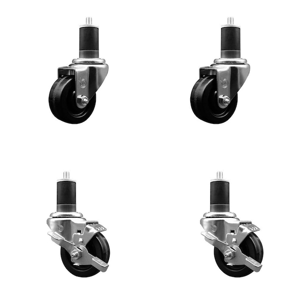 3'' Phenolic Wheel Swivel 1-5/8'' Expand Stem Caster Set 2 Brakes, 4PK